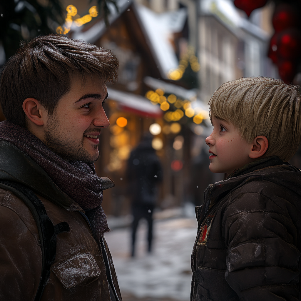 Ein Mann im Gespräch mit einem Jungen auf einem Weihnachtsmarkt | Quelle: Midjourney