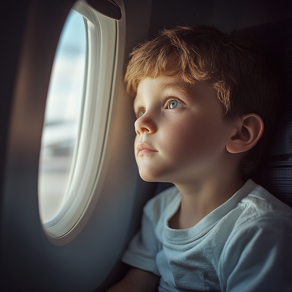 Ein kleiner Junge, der aus dem Fenster eines Flugzeugs starrt | Quelle: Midjourney