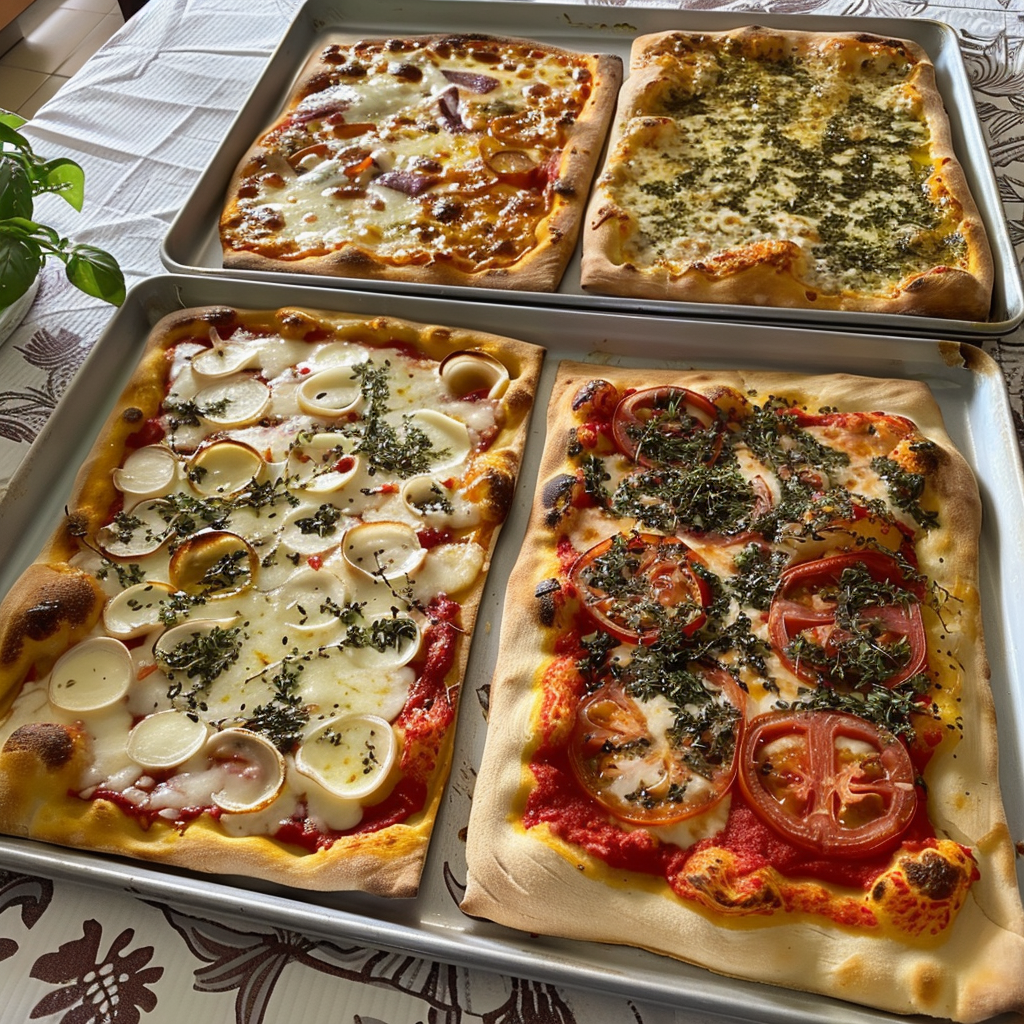 Tabletts mit selbstgemachter Pizza | Quelle: Midjourney