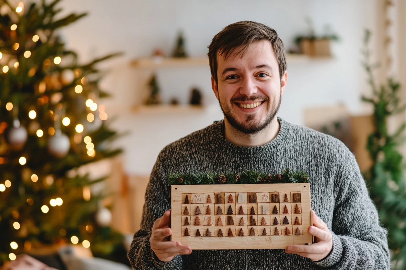 Ein Mann hält einen Adventskalender | Quelle: Midjourney