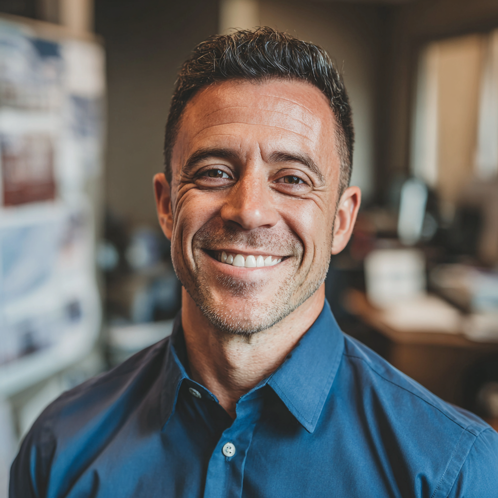 Ein lächelnder Mann, der ein blaues formelles Hemd trägt | Quelle: Midjourney