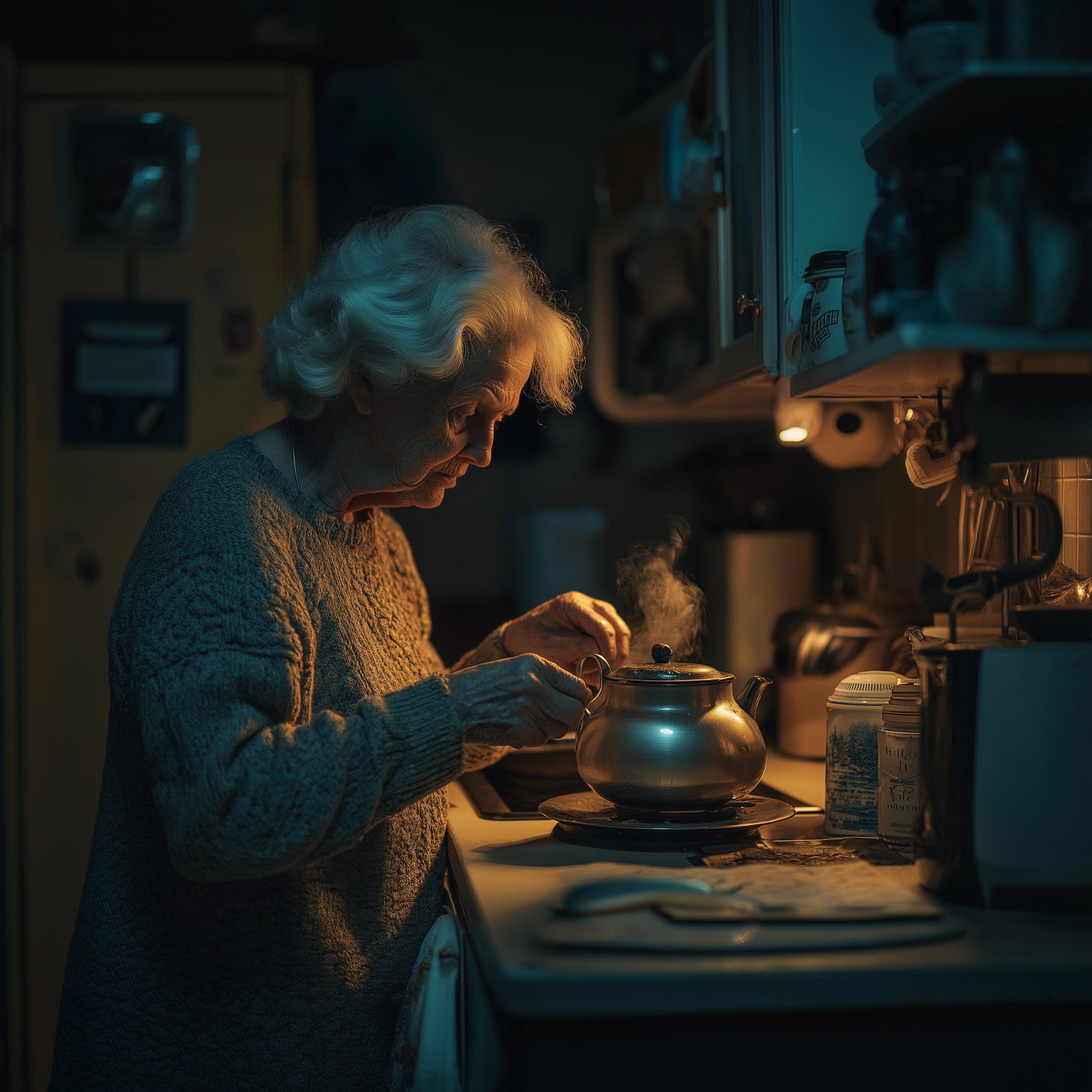 Eine ältere Dame, die abends in ihrer Küche Tee kocht | Quelle: Midjourney