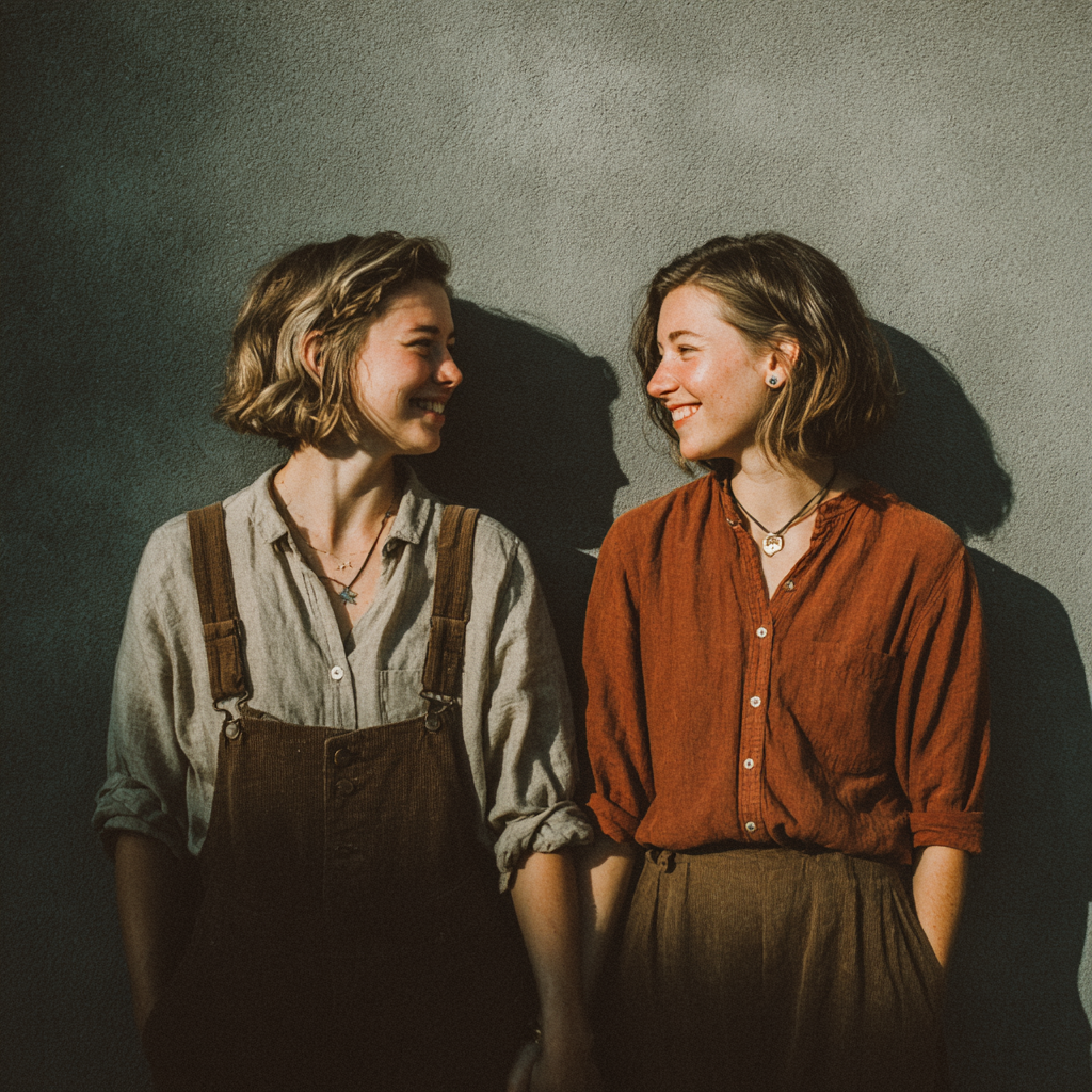 Zwei glückliche Frauen halten sich an den Händen | Quelle: Midjourney