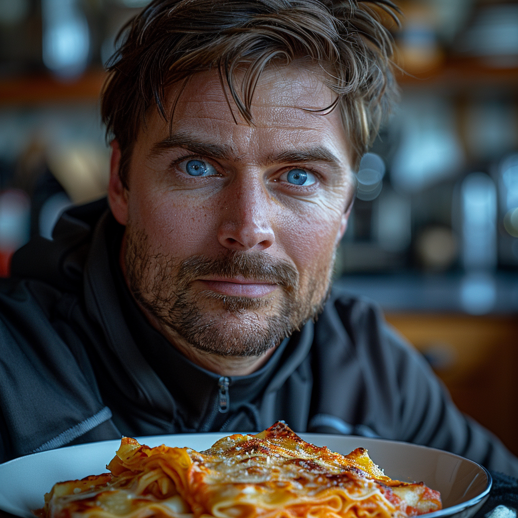 Unzufriedener Dave mit Lasagne | Quelle: Midjourney