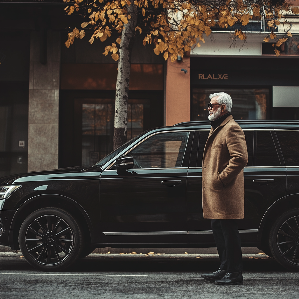 Ein alter reicher Mann steht neben seinem SUV-Auto | Quelle: Midjourney