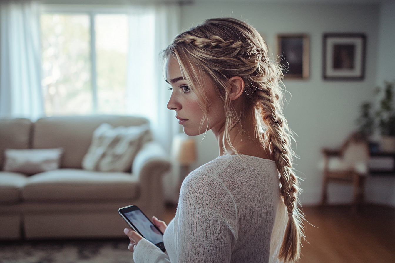 Eine Frau in den 30ern geht in einem Wohnzimmer auf und ab und hält ein Telefon in der Hand | Quelle: Midjourney