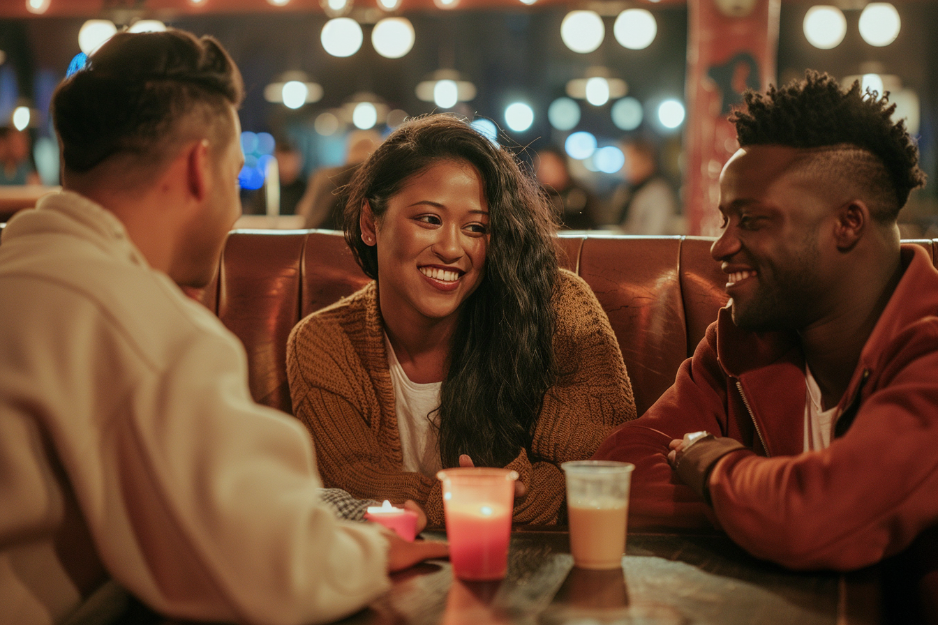 Freunde unterhalten sich in einem Restaurant | Quelle: Midjourney