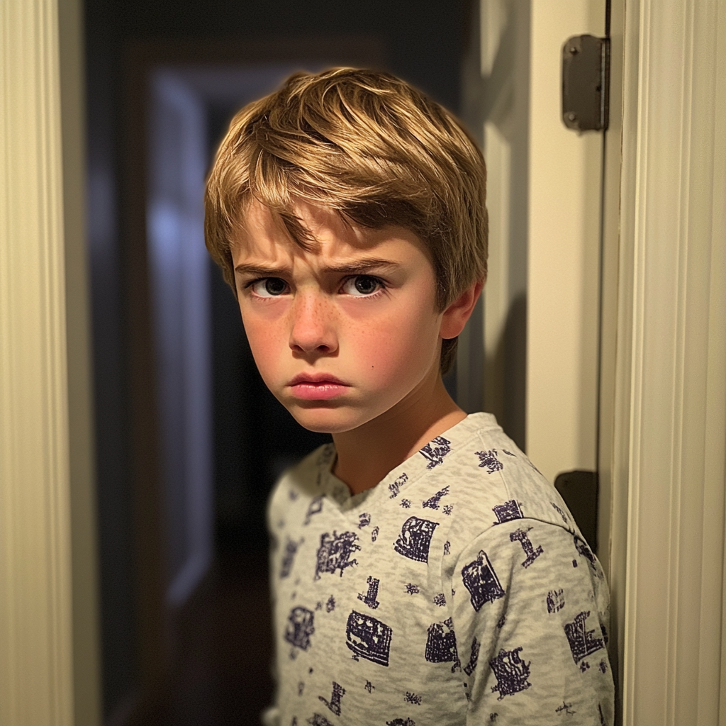 Ein kleiner Junge steht in einem Hausflur | Quelle: Midjourney