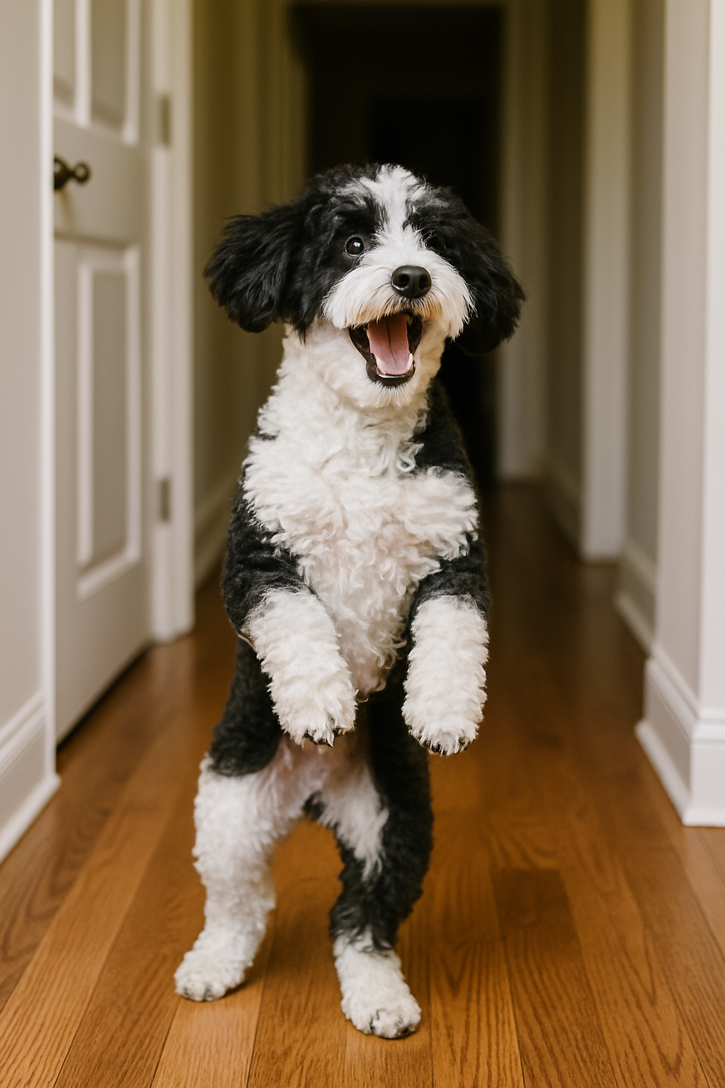 Ein Hund springt hoch, um seinen Besitzer zu begrüßen | Quelle: DALL-E
