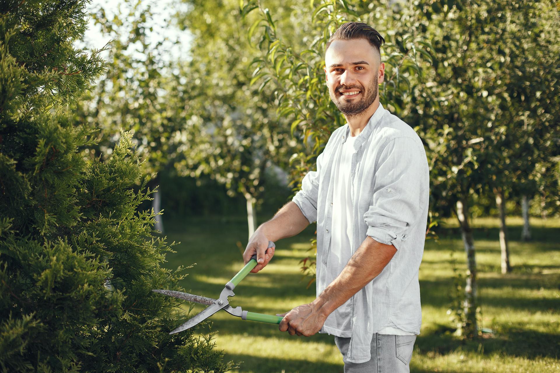 Ein Mann lächelt, während er an einem sonnigen Nachmittag einen Busch in seinem Garten beschneidet | Quelle: Pexels