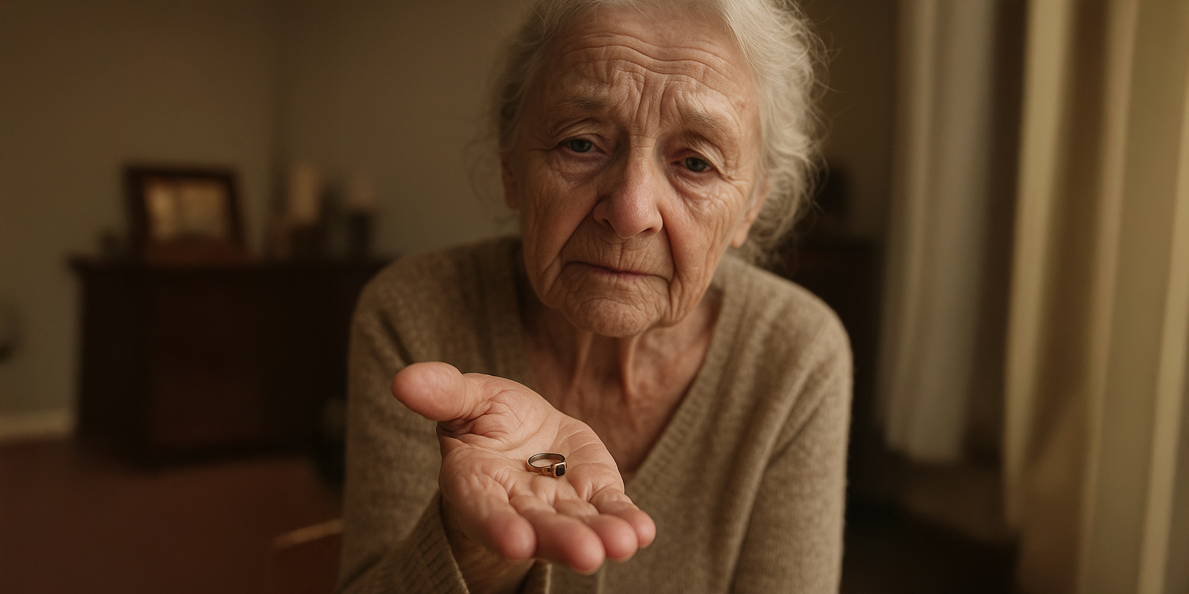 Eine alte Dame mit einem Ring auf ihrer Handfläche | Quelle: Sora