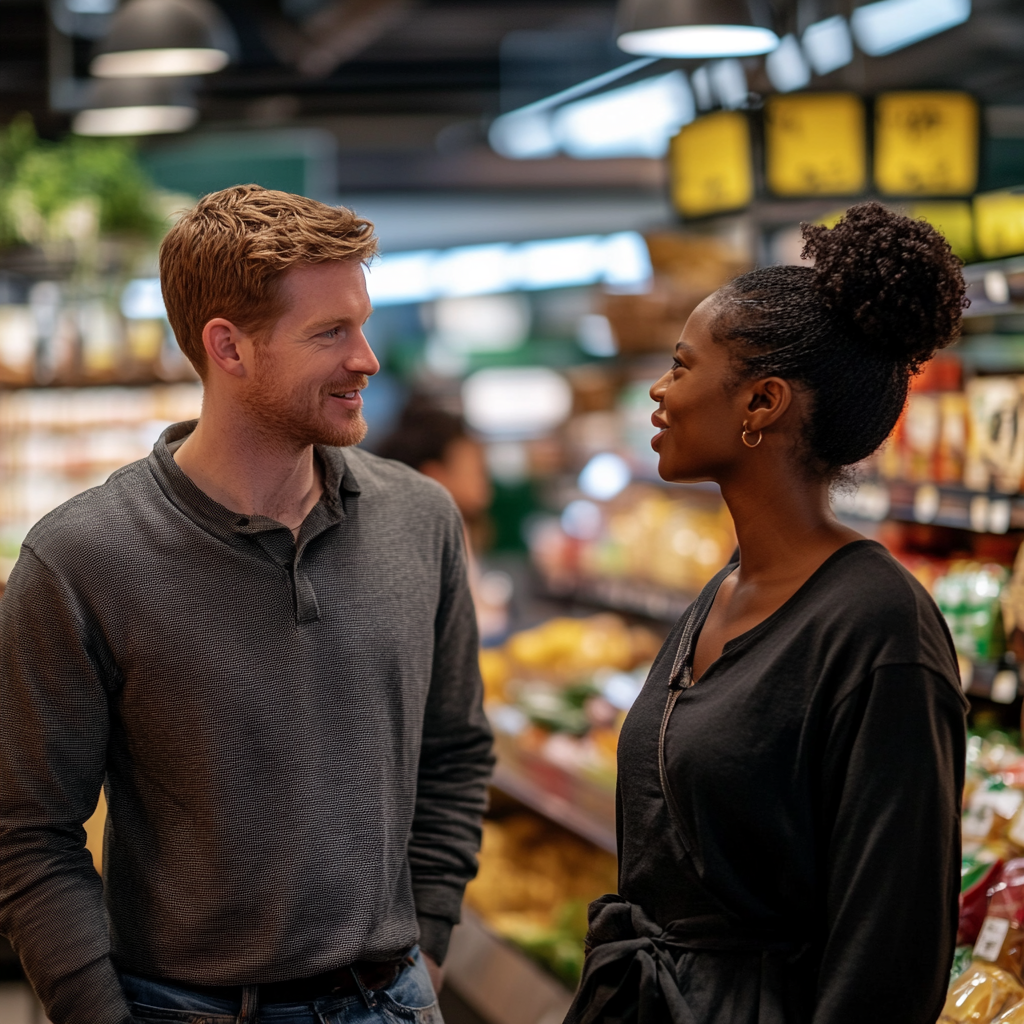 Ein Mann spricht mit einer Frau in einem Supermarkt | Quelle: Midjourney