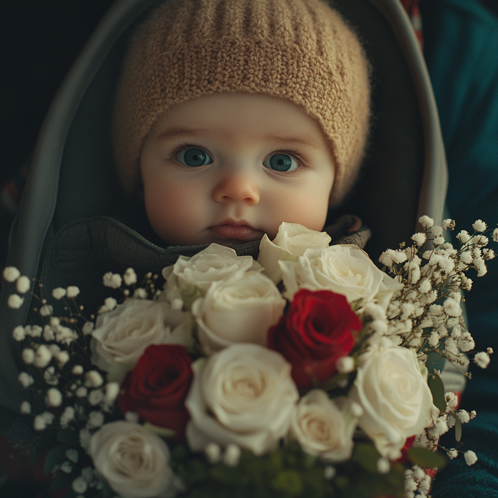 Ein Blumenstrauß, der ein Baby in einer Tragehilfe teilweise bedeckt | Quelle: Midjourney