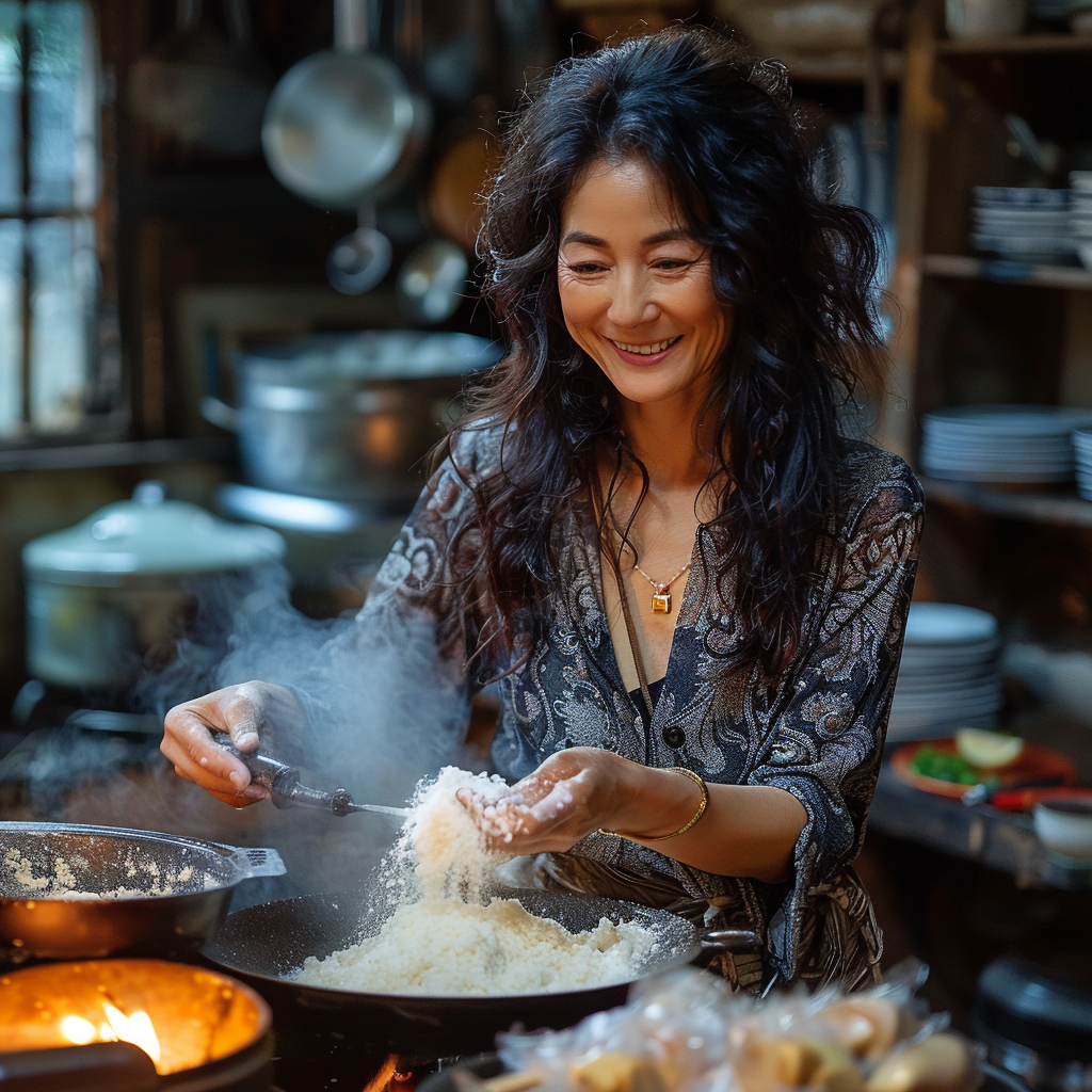 Asiatische Frau mittleren Alters beim Reiskochen | Midjourney