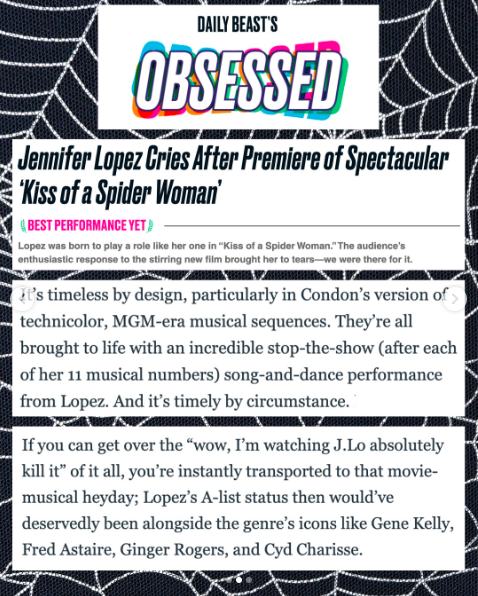 Die begeisterte Kritik, die Jennifer Lopez für ihre Rolle in „Kiss of the Spider Woman“ erhielt. | Quelle: Instagram/jlo