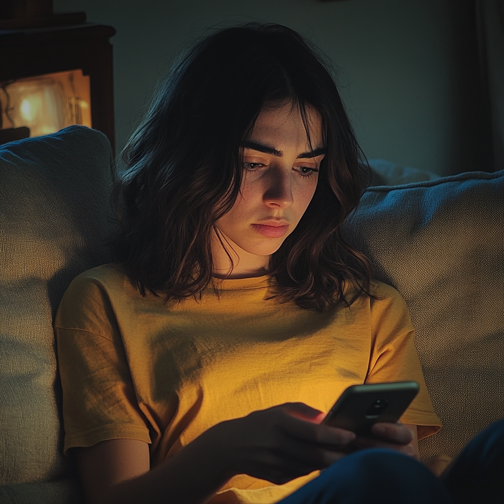 Eine Frau, die auf einer Couch sitzt und ihr Telefon benutzt | Quelle: Midjourney