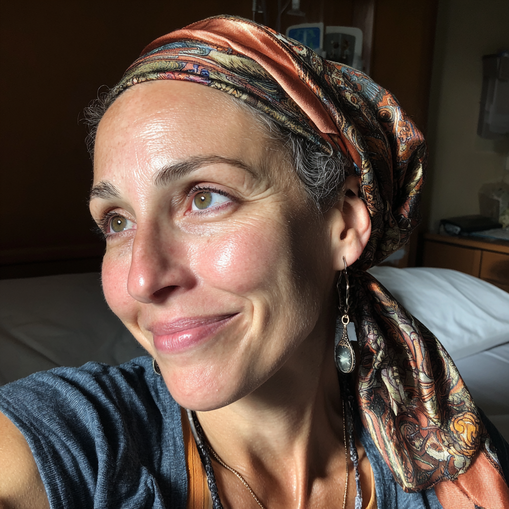 Eine lächelnde Frau, die einen Schal auf dem Kopf trägt | Quelle: Midjourney