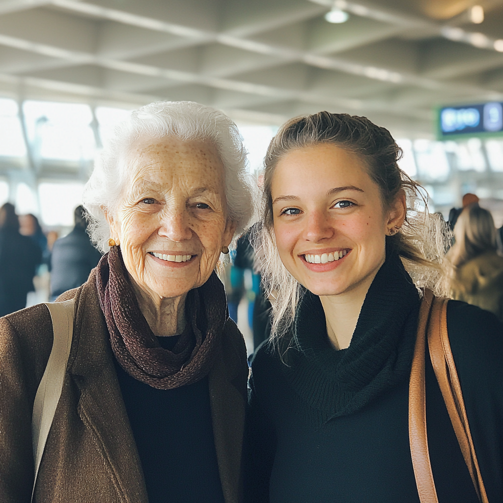 Zwei Frauen, die zusammen in einem Flughafen stehen | Quelle: Midjourney