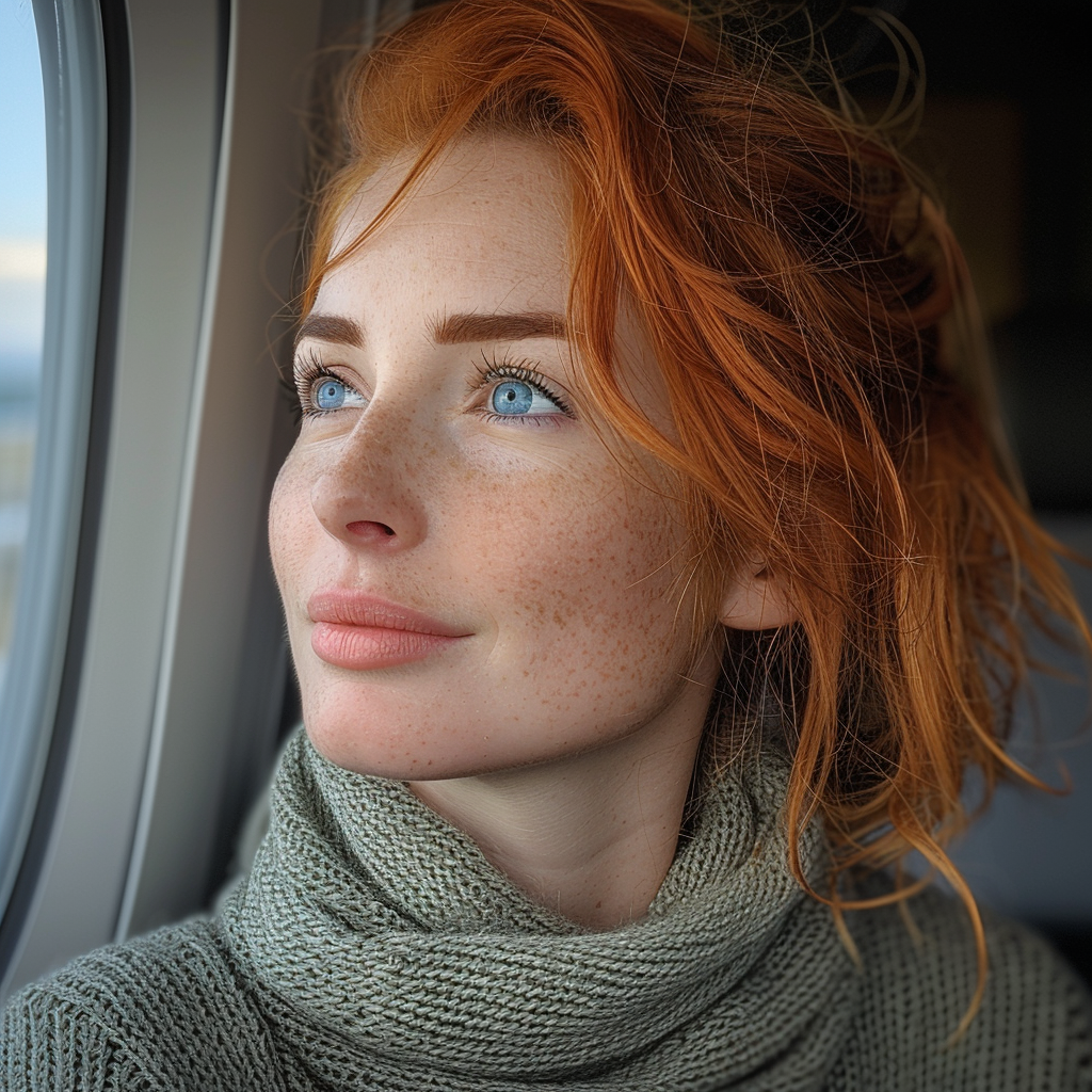 Die hoffnungsvolle Jenna im Flugzeug | Quelle: Midjourney