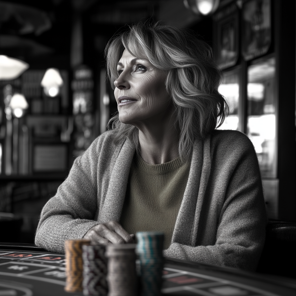 Ein Graustufenfoto einer älteren Frau, die in einem Casino sitzt und Glücksspielchips auf ihrem Tisch liegen hat | Quelle: Midjourney