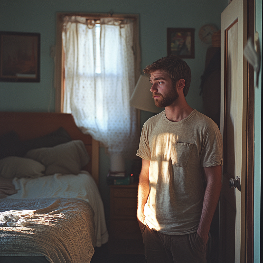 Ein Mann steht in einem Schlafzimmer | Quelle: Midjourney