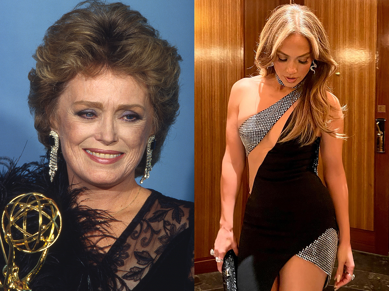 Rue McClanahan und Jennifer Lopez in ihren 50ern nebeneinander. | Quelle: Getty Images | Instagram/jlo