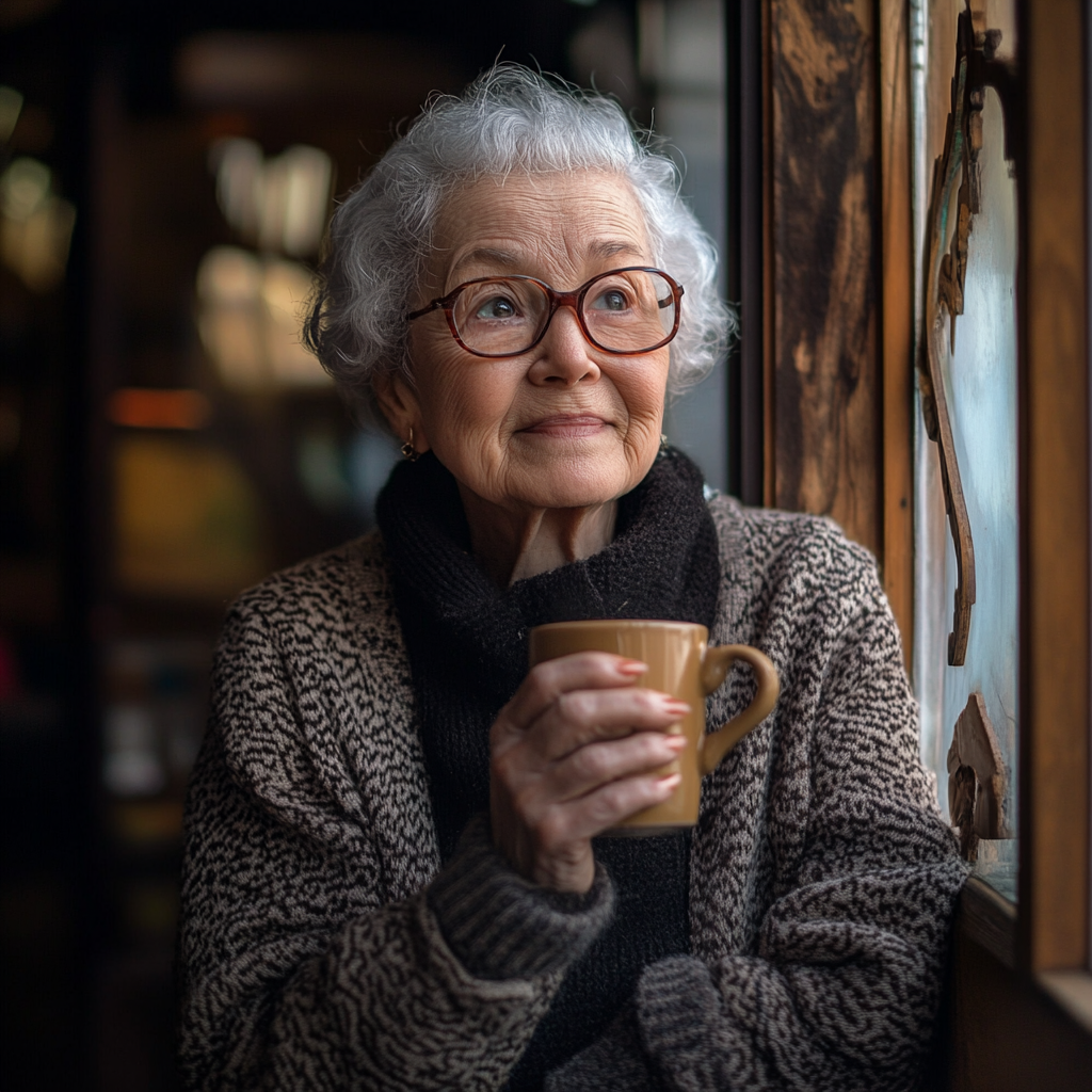 Eine glückliche Seniorin schlürft Kaffee | Quelle: Midjourney