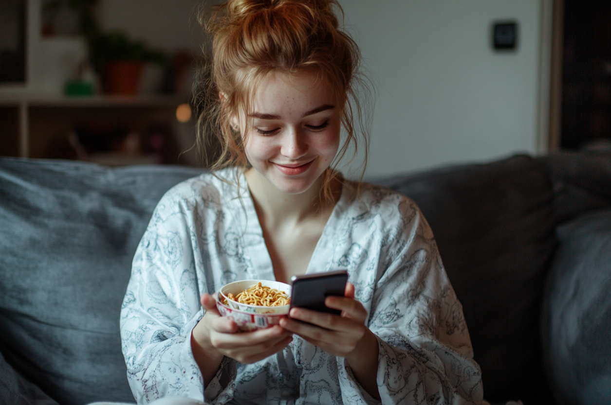 Eine Frau, die auf ihr Telefon lächelt | Quelle: Midjourney