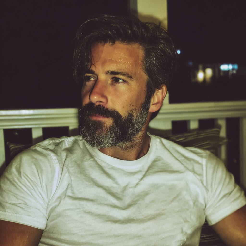 Ein Mann sitzt nachts auf einer Veranda | Quelle: Midjourney