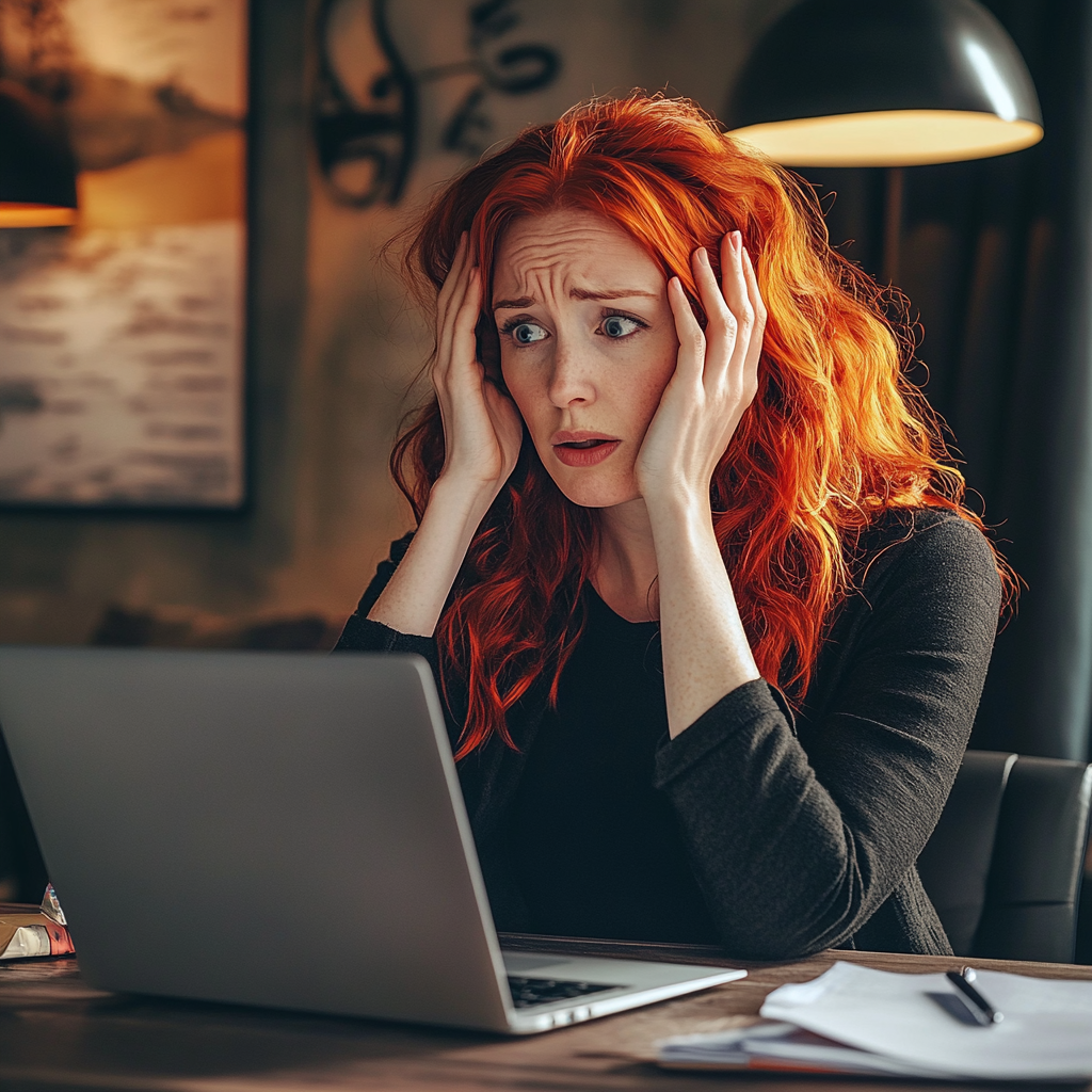 Eine geschockte Frau sitzt vor einem Laptop | Quelle: Midjourney