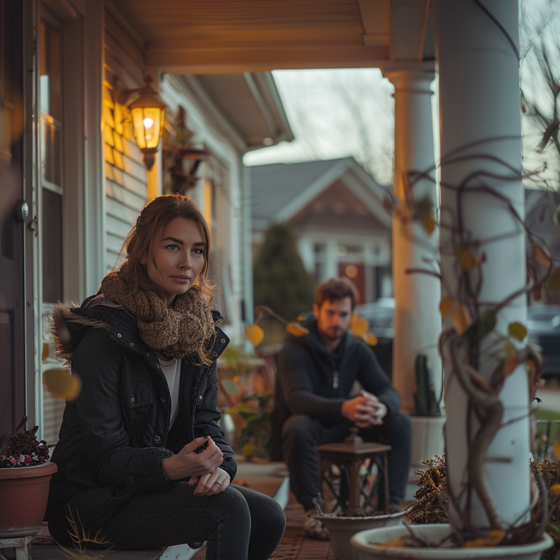 Eine friedliche Abendszene mit Lisa und James, die auf der Veranda sitzen | Quelle: Midjourney