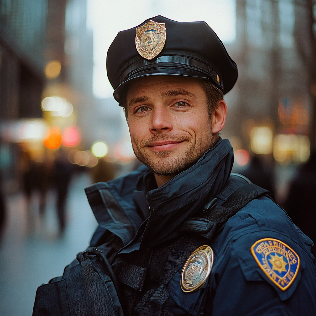 Ein glücklicher Mann als Polizist verkleidet | Quelle: Midjourney