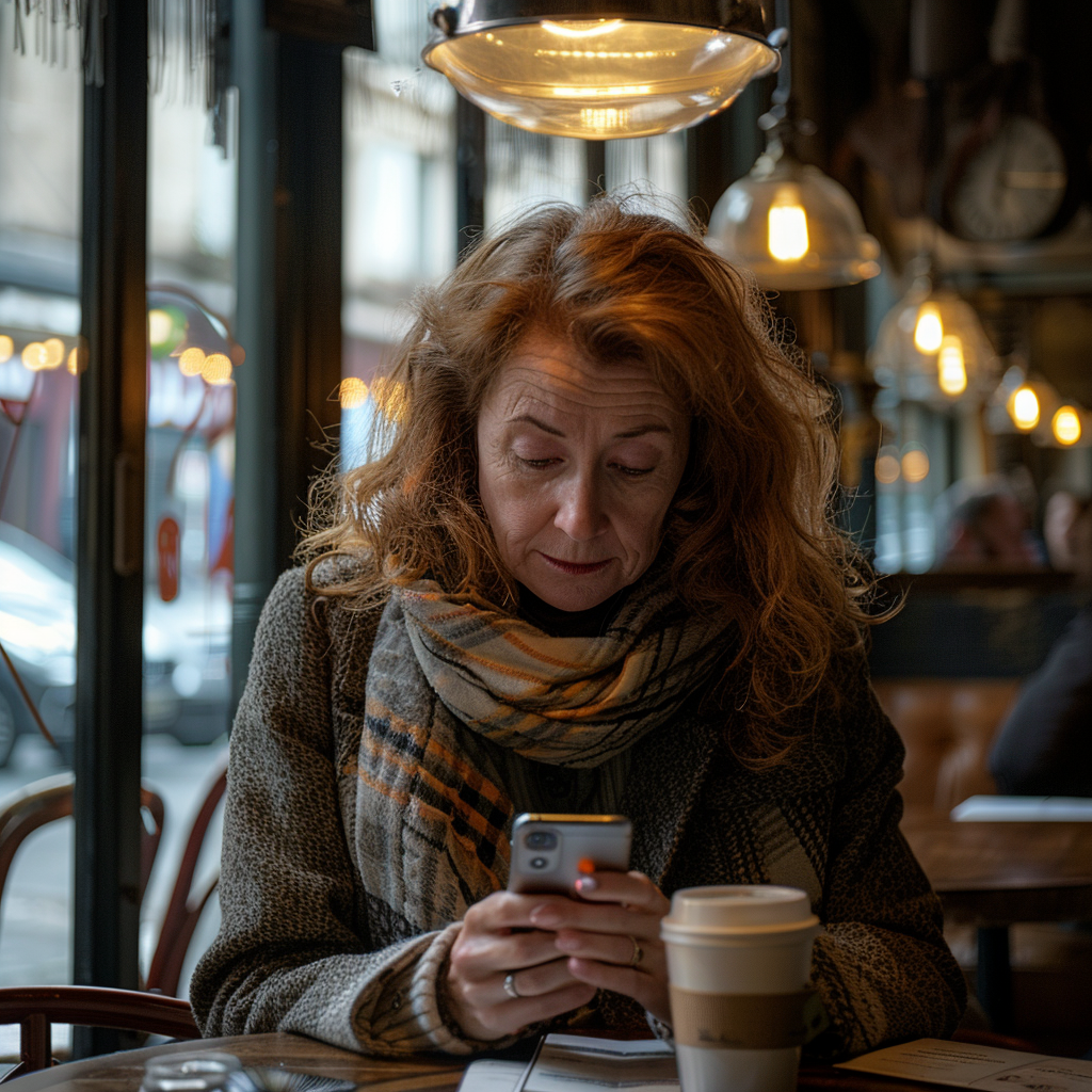 Eine Frau überprüft ihr Telefon, während sie in einem Café sitzt | Quelle: Midjourney