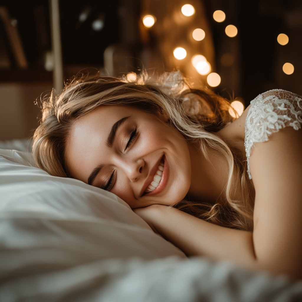 Uma mulher feliz em sua cama | Fonte: Midjourney