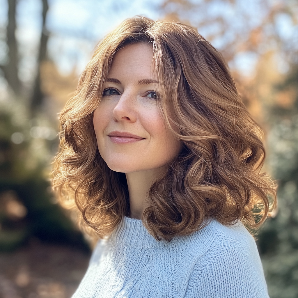 Eine glückliche Frau, die draußen steht | Quelle: Midjourney