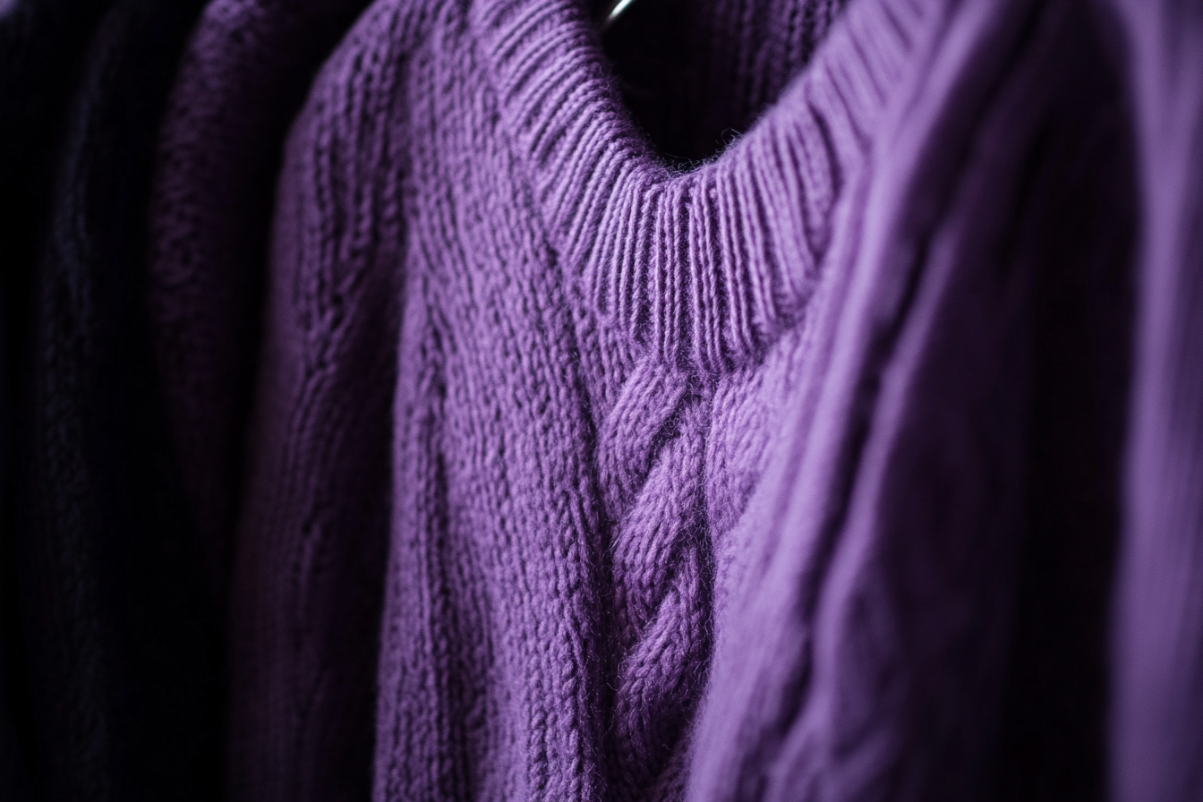 Eine Nahaufnahme eines lila Pullovers | Quelle: Midjourney