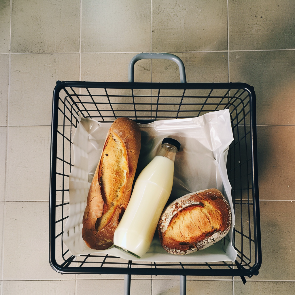 Milch und Brot in einem Einkaufskorb | Quelle: Midjourney