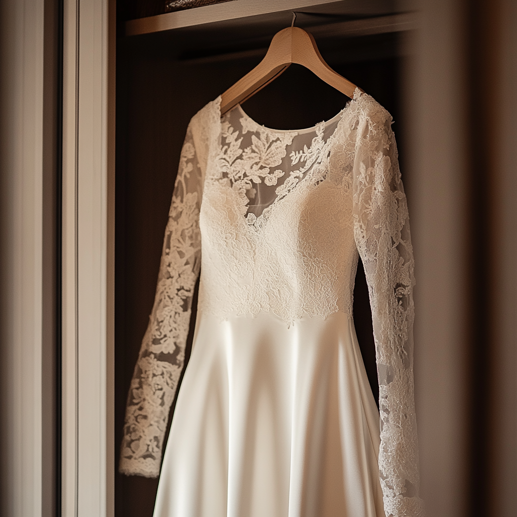 Ein Hochzeitskleid, das in einem Schrank hängt | Quelle: Midjourney