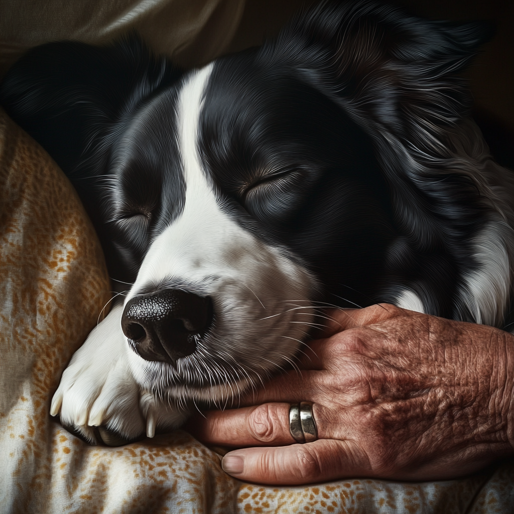 Ein älterer Mann umarmt seinen geliebten Hund in den Schlaf | Quelle: Midjourney