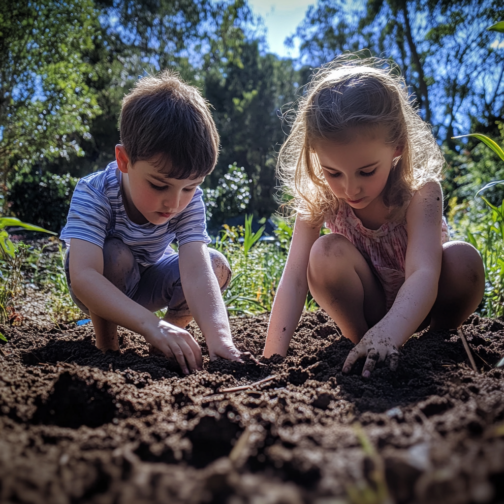 Junge und Mädchen graben im Garten | Quelle: Midjourney