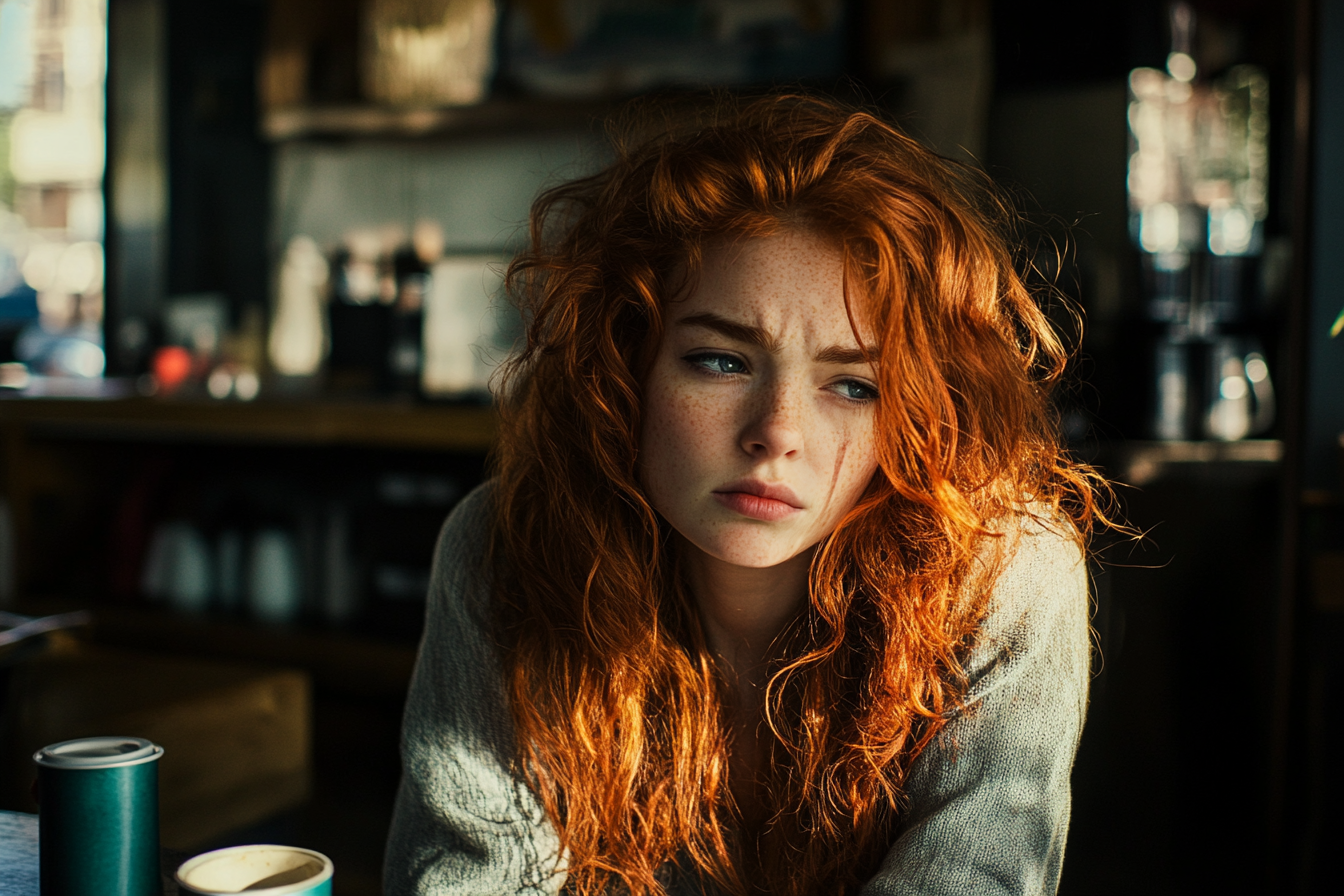 Uma mulher ruiva está sentada desleixada, triste e chorosa em uma cafeteria | Fonte: Midjourney