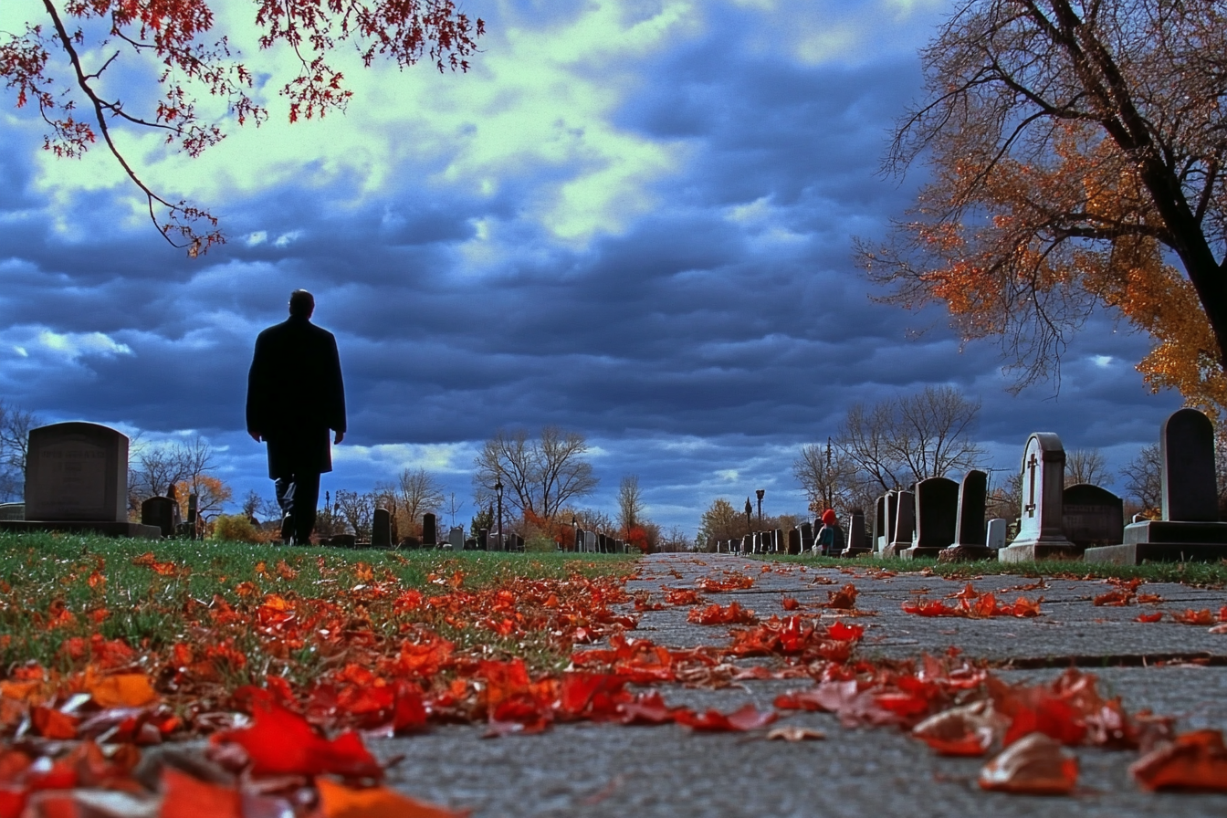 Ein Mann geht an einem bewölkten Tag über einen Friedhof | Quelle: Midjourney