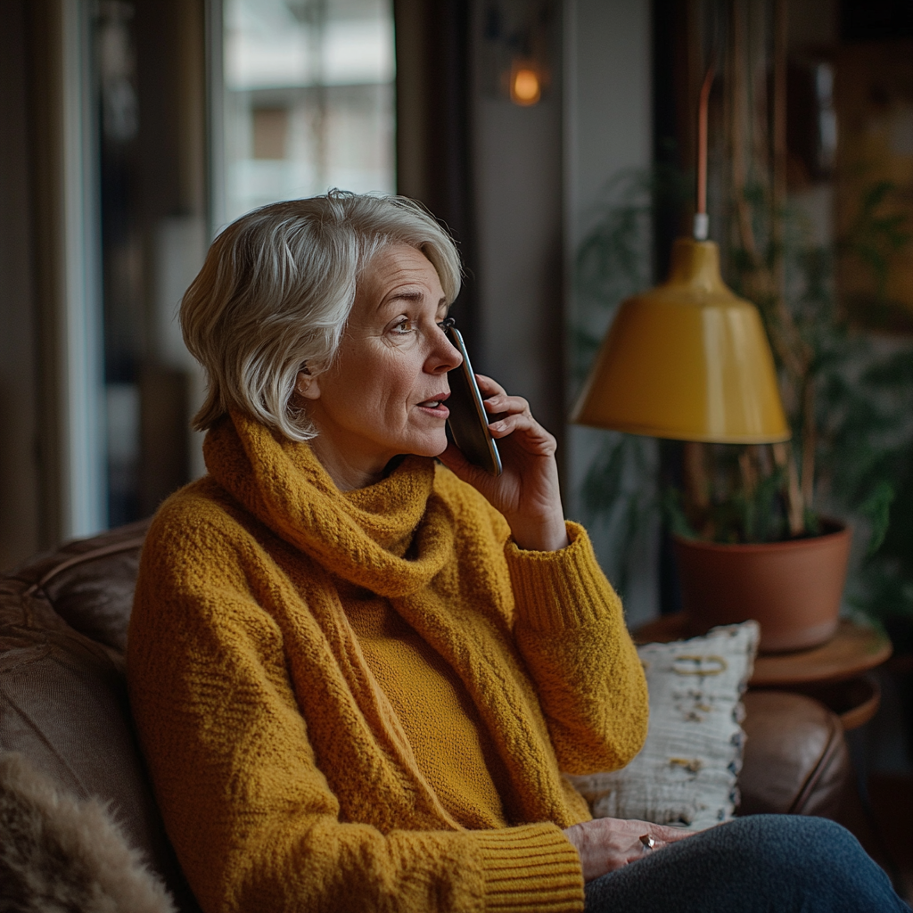 Eine Frau mittleren Alters, die mit ihrem Telefon spricht | Quelle: Midjourney