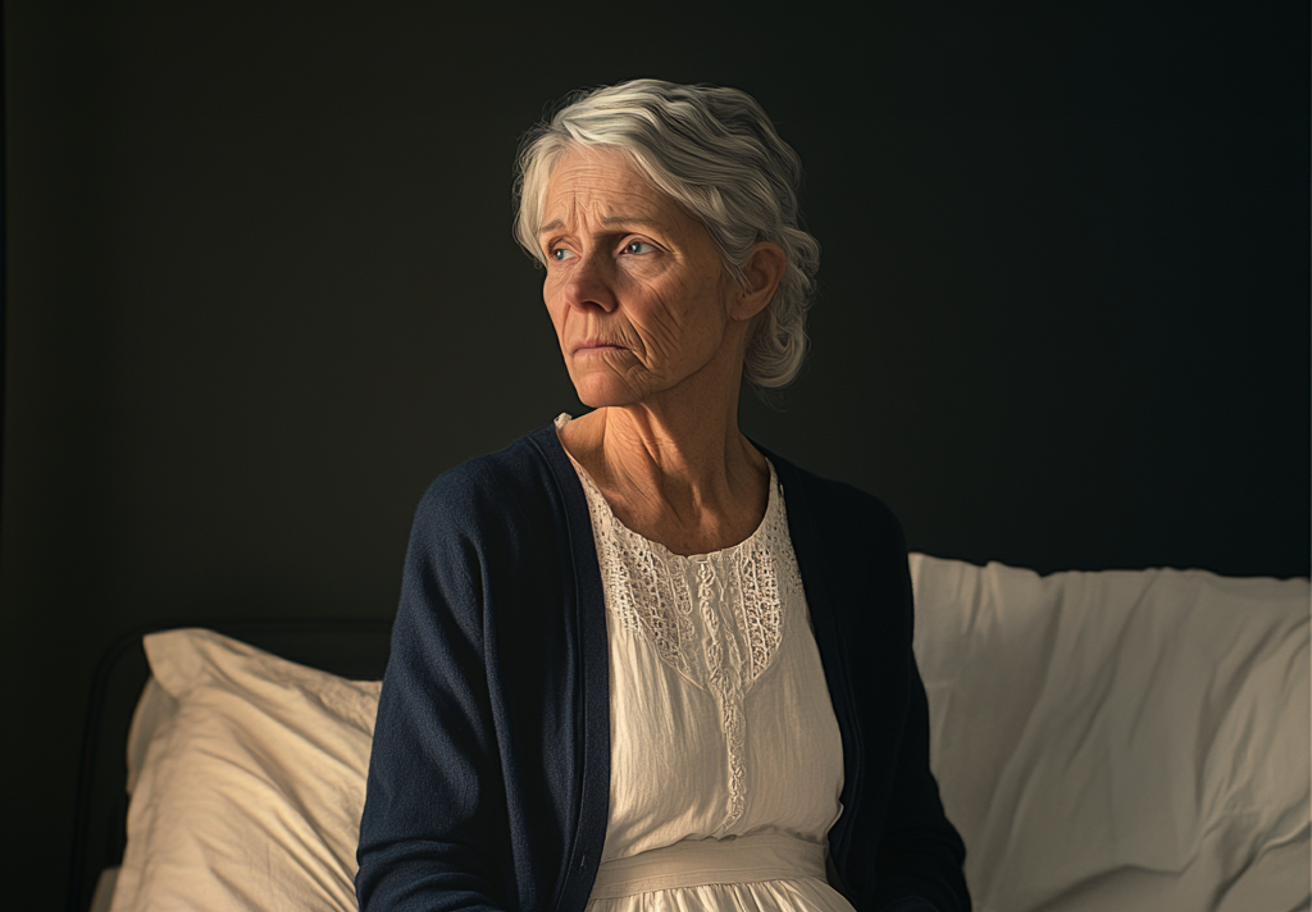 Eine aufgeregte alte Frau, die auf einem Bett sitzt | Quelle: Midjourney