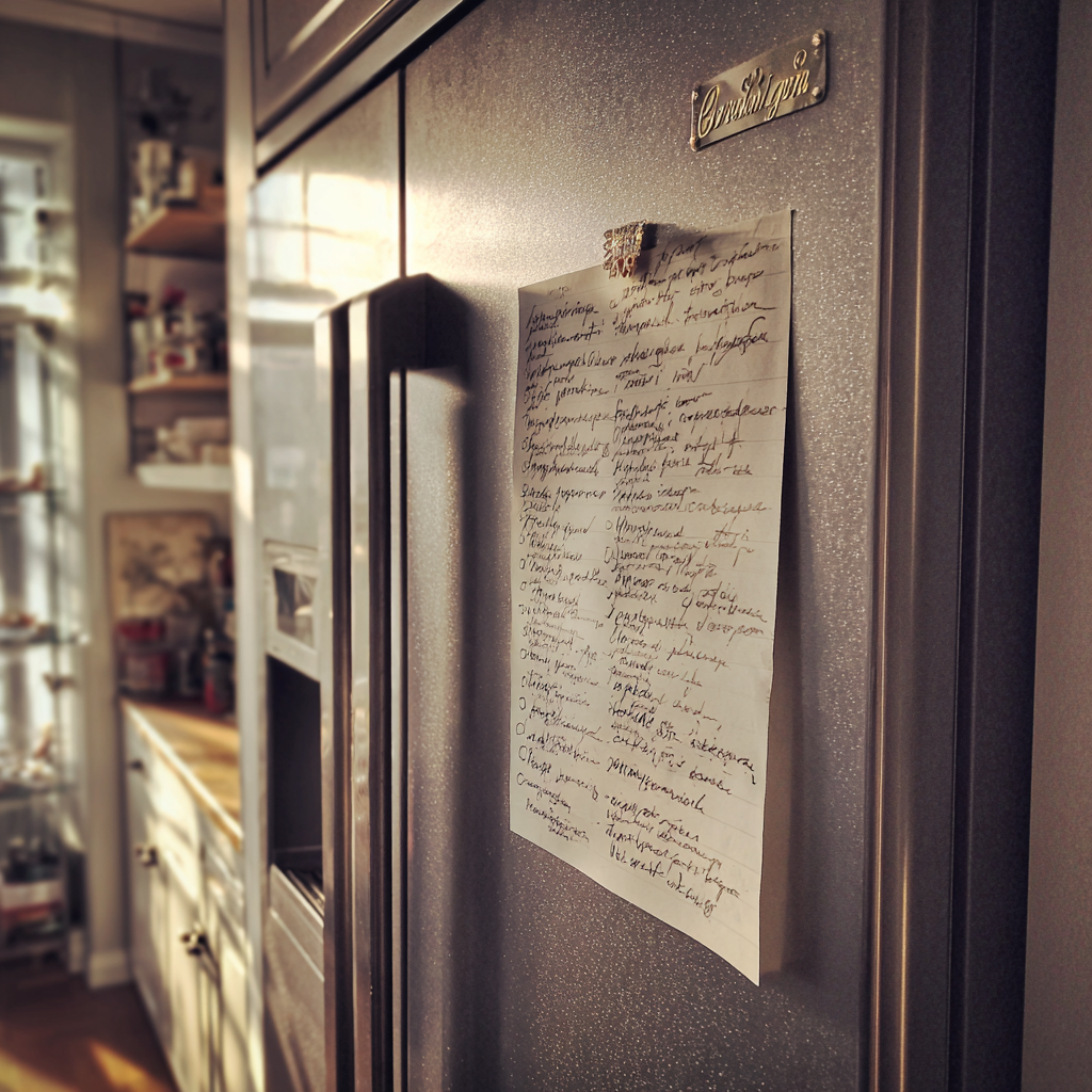 Ein Stück Papier, das an einen Kühlschrank geklebt wurde | Quelle: Midjourney