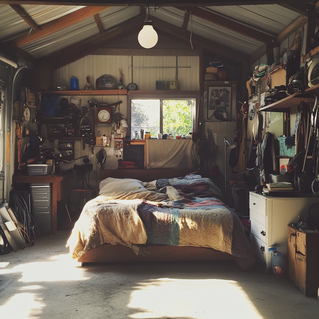 Eine Garage, die in ein Schlafzimmer umgewandelt wurde | Quelle: Midjourney