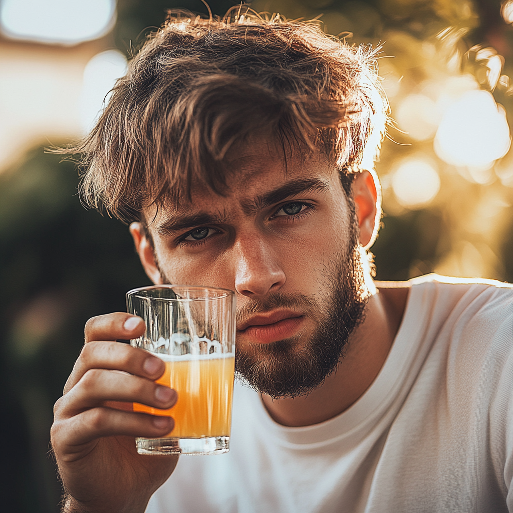 Ein verärgerter junger Mann mit einem Glas Saft in der Hand | Quelle: Midjourney