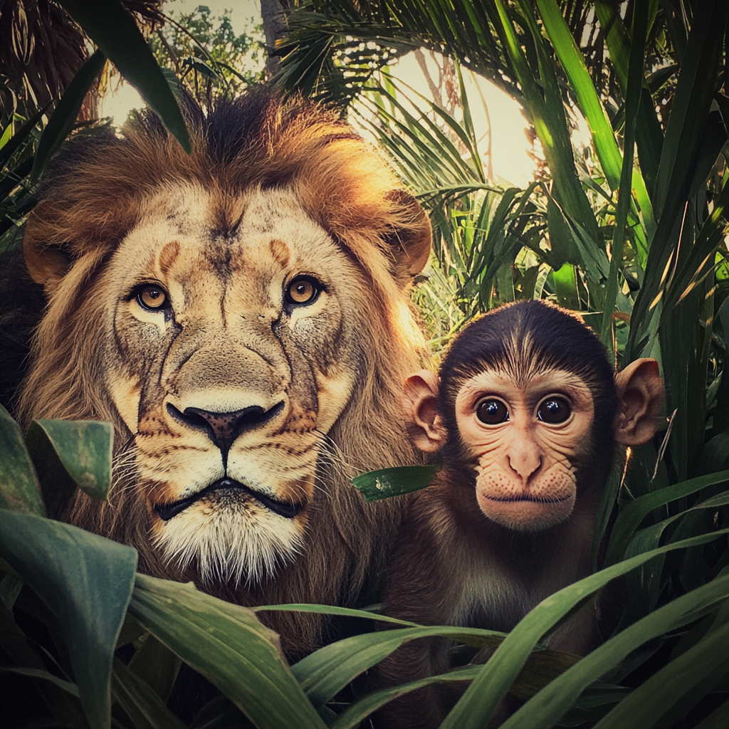 Ein Löwe und ein Affe in einem Dschungel | Quelle: Midjourney