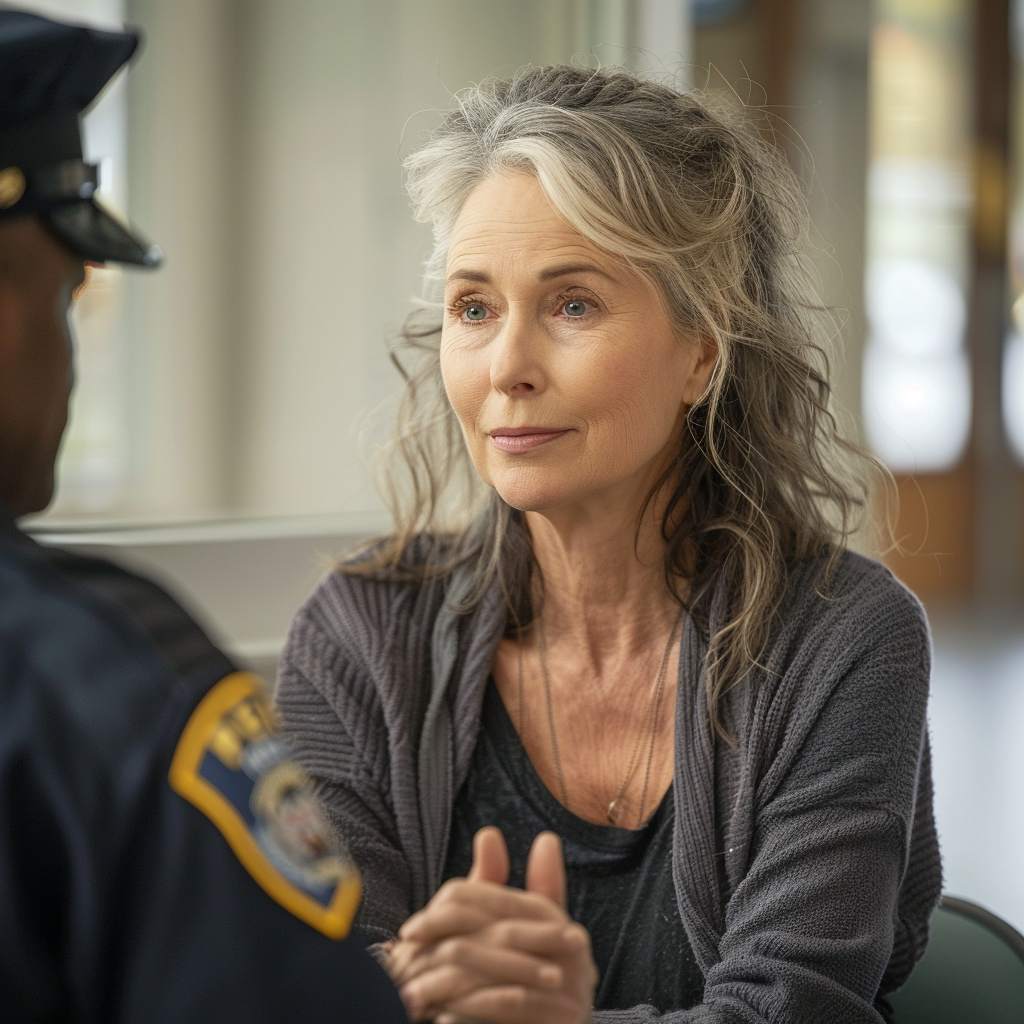 Eine Frau mittleren Alters im Gespräch mit einem Polizisten in einer Polizeistation | Quelle: Midjourney