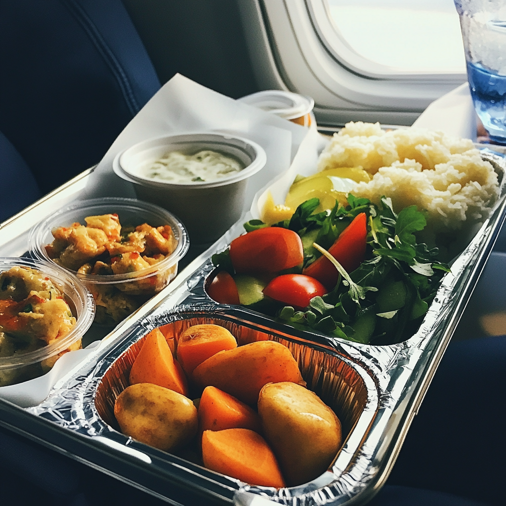 Ein Tablett mit Essen im Flugzeug | Quelle: Midjourney